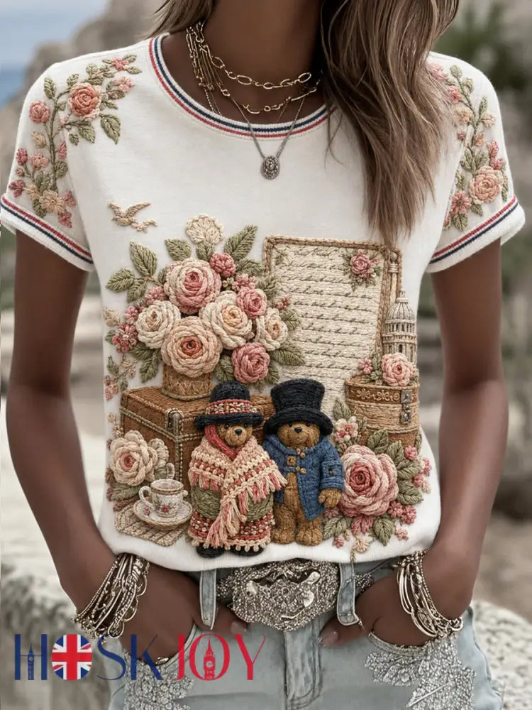 Women’s Paddington Bear Printed Vintage Fashion Loose Short Sleeve T-Shirt - White / S