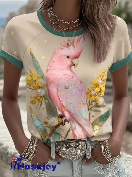 Women’s Pink Parrot Art Printed T-shirt As picture / S