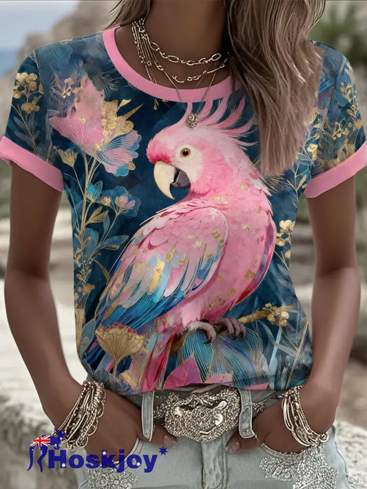 Women’s Pink Parrot Art Printed T-shirt As picture / S