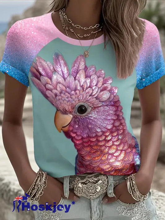 Women’s Pink Parrot Art Printed T-shirt As picture / S