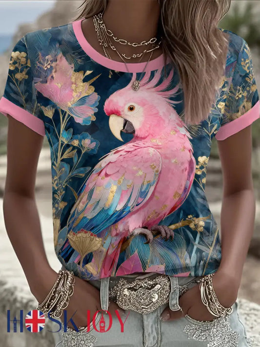 Women’s Pink Parrot Art Printed T-shirt As picture / S