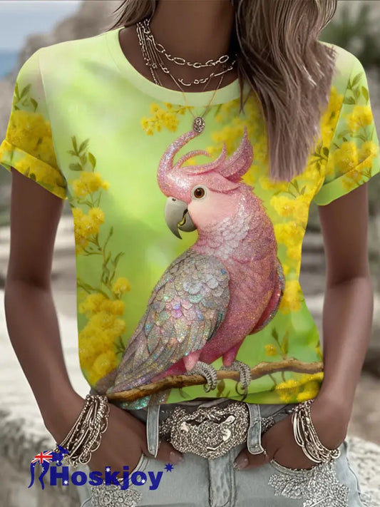 Women’s Pink Parrot Art Printed T-shirt As picture / S