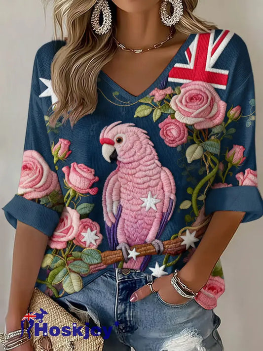 Women’s Pink Parrot Art Printed Waffle Tops As picture / S