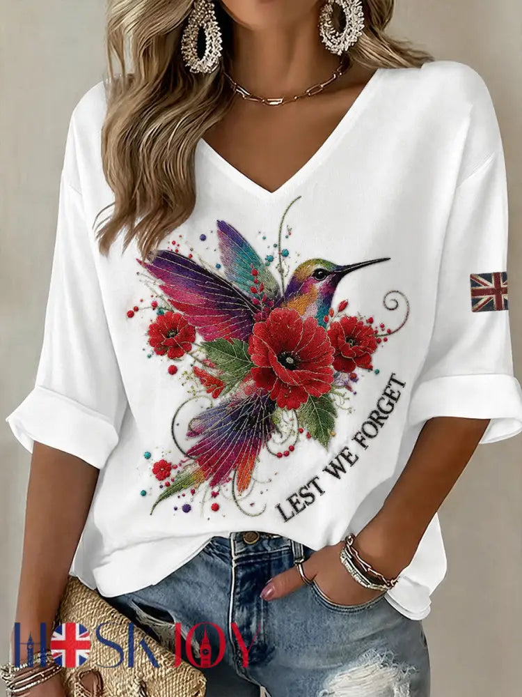 Women’s Poppy Hummingbird & Lest We Forget Mid-length Sleeves V-Neck T-Shirt - White / S