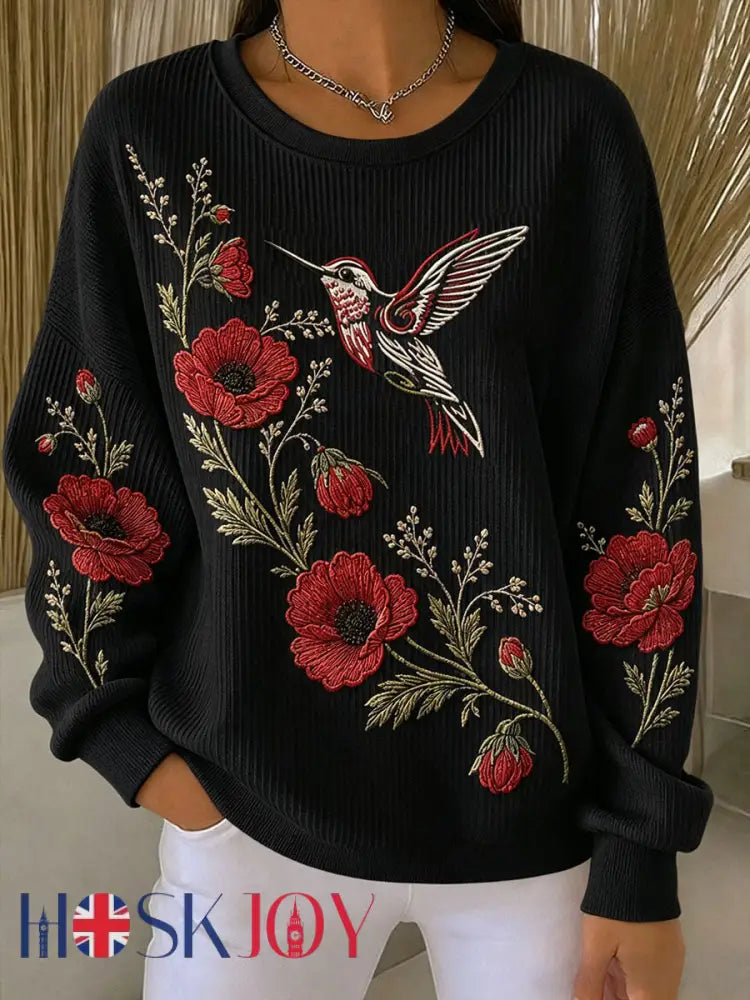 Women’s Poppy Hummingbird & Lest We Forget Ribbed Round-Neck Sweatshirt - Black / S