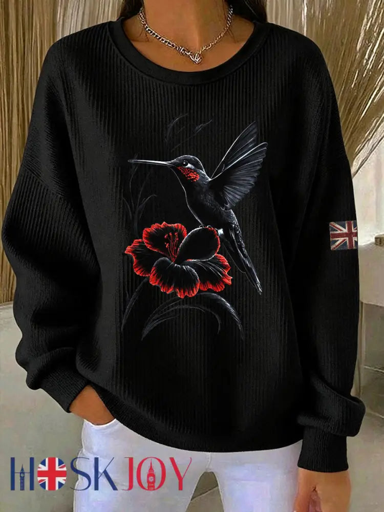 Women’s Poppy Hummingbird & Lest We Forget Ribbed Round-Neck Sweatshirt - Black / S