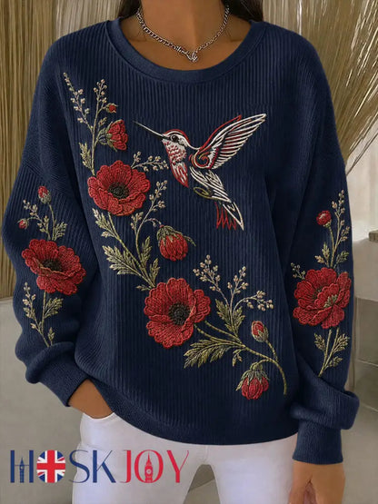 Women’s Poppy Hummingbird & Lest We Forget Ribbed Round-Neck Sweatshirt - Navy Blue / S