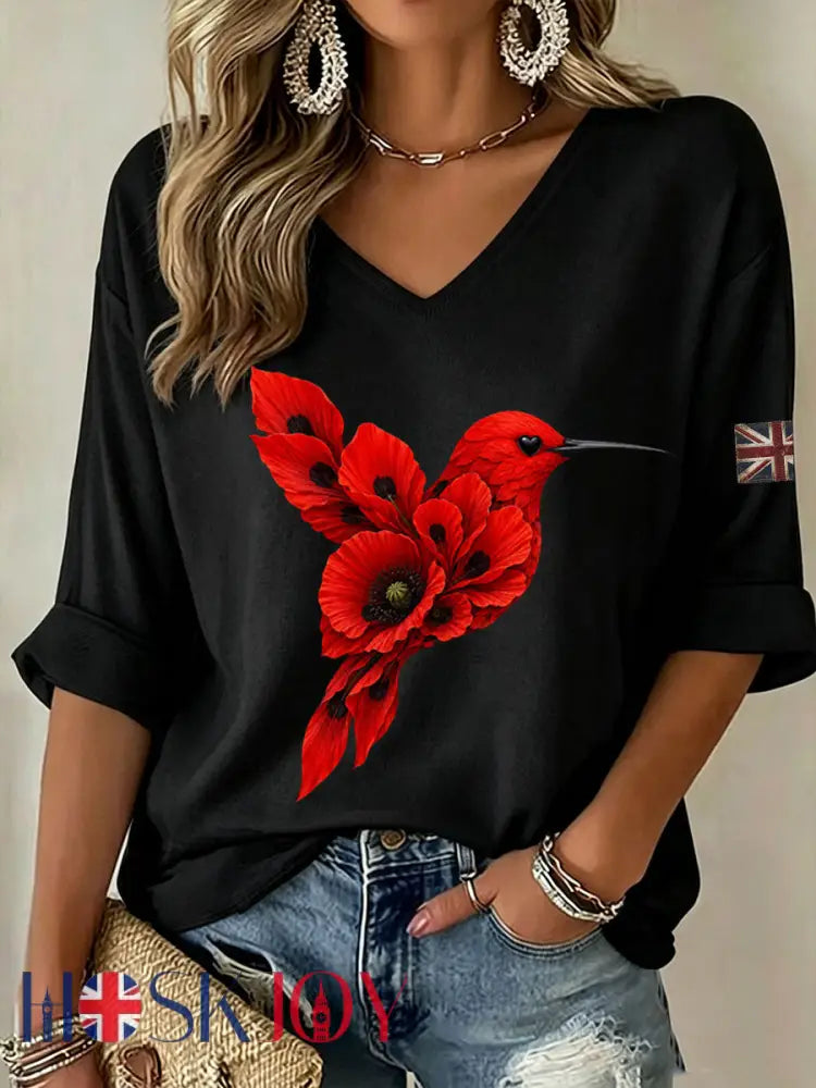 Women’s Poppy Hummingbird Mid-length Sleeves V-Neck T-Shirt - Black / S
