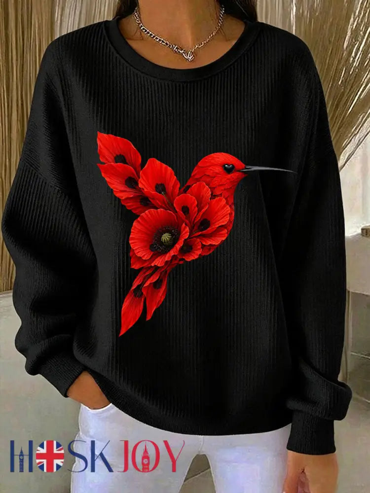 Women’s Poppy Hummingbird Print Ribbed Round-Neck Sweatshirt - Black / S