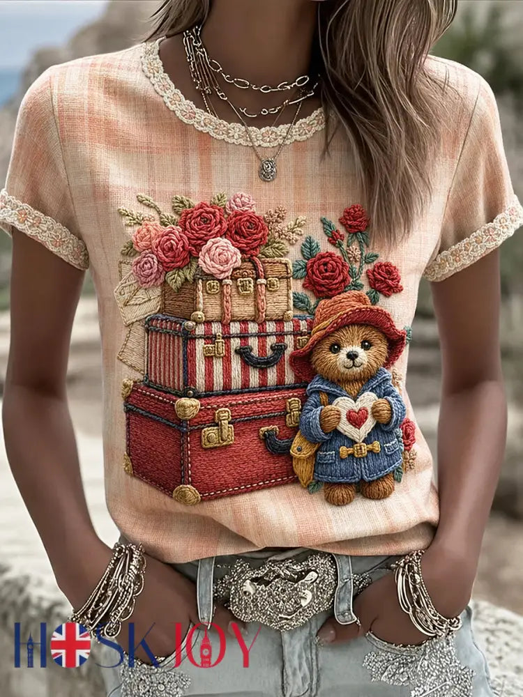 Women’s Paddington Bear Printed Vintage Fashion Loose Short Sleeve T-Shirt - Apricot / S
