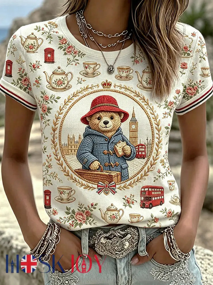 Women’s Paddington Bear Printed Vintage Fashion Loose Short Sleeve T-Shirt - Apricot / S