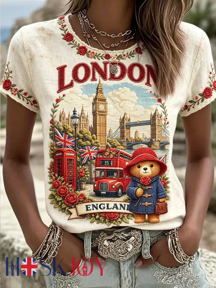 Women’s Paddington Bear Printed Vintage Fashion Loose Short Sleeve T-Shirt - Apricot / S