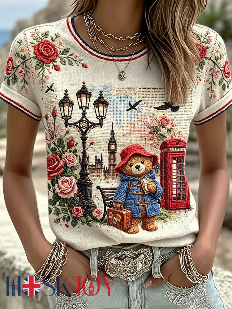 Women’s Paddington Bear Printed Vintage Fashion Loose Short Sleeve T-Shirt - Apricot / S