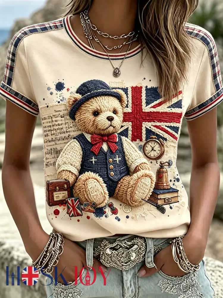 Women’s Paddington Bear Printed Vintage Fashion Loose Short Sleeve T-Shirt - Apricot / S