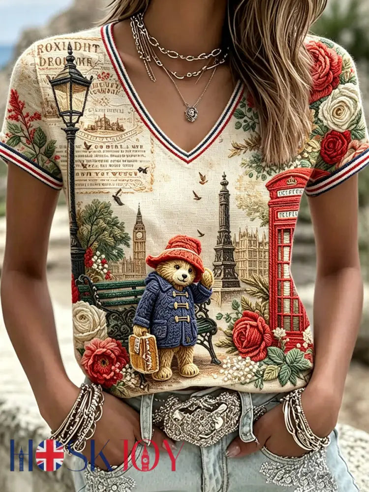 Women’s Paddington Bear Printed Vintage Fashion Loose Short Sleeve T-Shirt - Apricot / S
