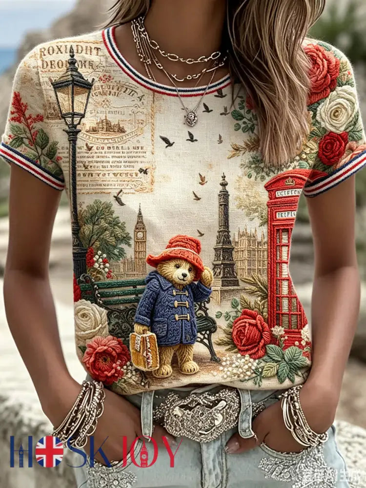 Women’s Paddington Bear Printed Vintage Fashion Loose Short Sleeve T-Shirt - Apricot / S