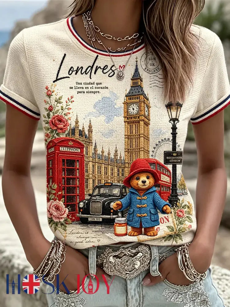 Women’s Paddington Bear Printed Vintage Fashion Loose Short Sleeve T-Shirt - Beige / S