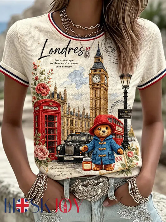 Women’s Paddington Bear Printed Vintage Fashion Loose Short Sleeve T-Shirt - Beige / S