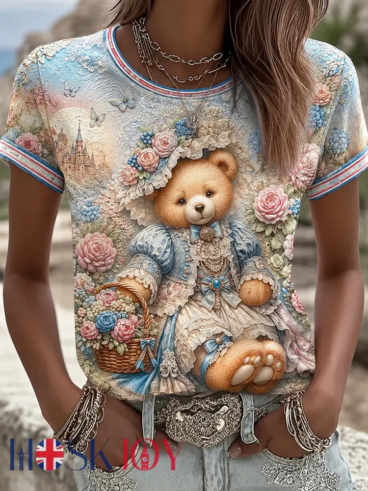 Women’s Paddington Bear Printed Vintage Fashion Loose Short Sleeve T-Shirt - Blue / S