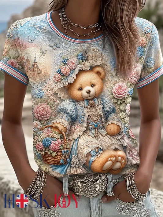 Women’s Paddington Bear Printed Vintage Fashion Loose Short Sleeve T-Shirt - Blue / S