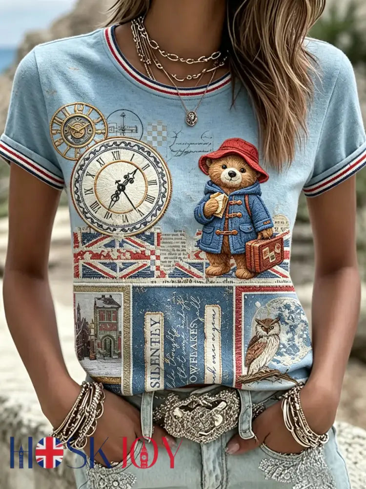Women’s Paddington Bear Printed Vintage Fashion Loose Short Sleeve T-Shirt - Blue / S