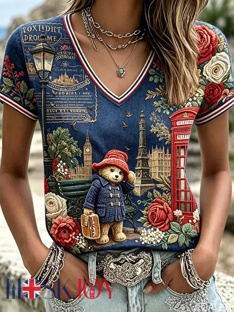 Women’s Paddington Bear Printed Vintage Fashion Loose Short Sleeve T-Shirt - Deep Blue / S