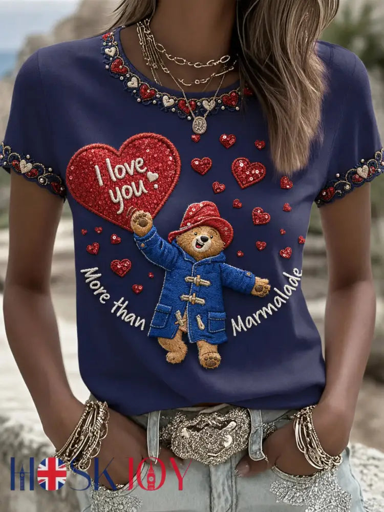 Women’s Paddington Bear Printed Vintage Fashion Loose Short Sleeve T-Shirt - Deep Blue / S