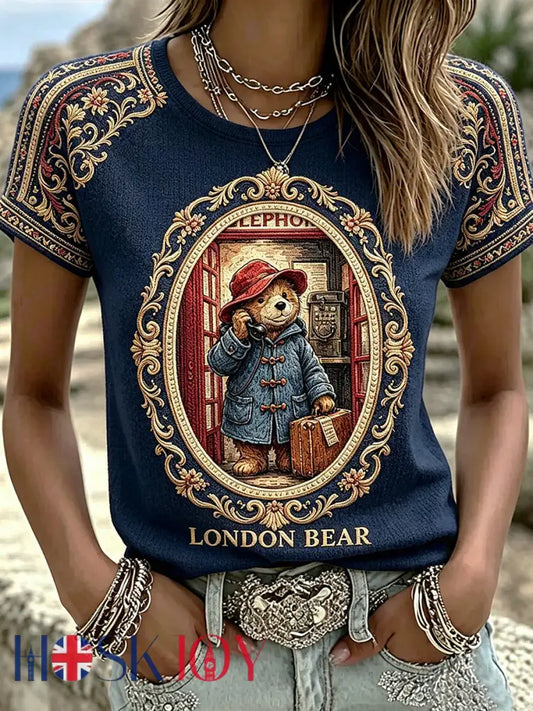 Women’s Paddington Bear Printed Vintage Fashion Loose Short Sleeve T-Shirt - Deep Blue / S