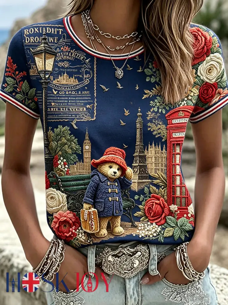 Women’s Paddington Bear Printed Vintage Fashion Loose Short Sleeve T-Shirt - Deep Blue / S