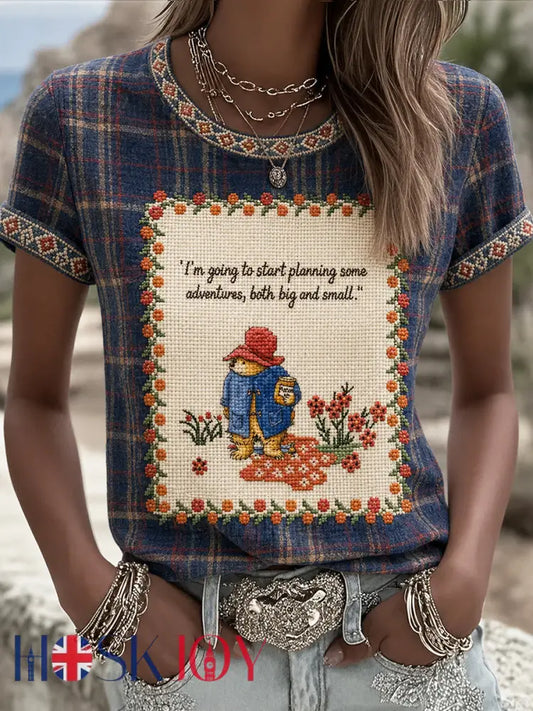 Women’s Paddington Bear Printed Vintage Fashion Loose Short Sleeve T-Shirt - Deep Blue / S