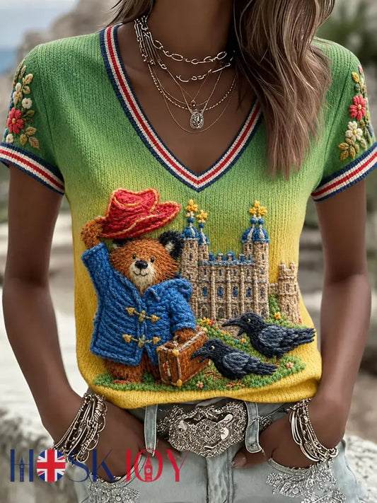 Women’s Paddington Bear Printed Vintage Fashion Loose Short Sleeve T-Shirt - Green / S