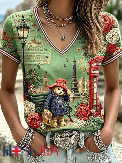 Women’s Paddington Bear Printed Vintage Fashion Loose Short Sleeve T-Shirt - Green / S