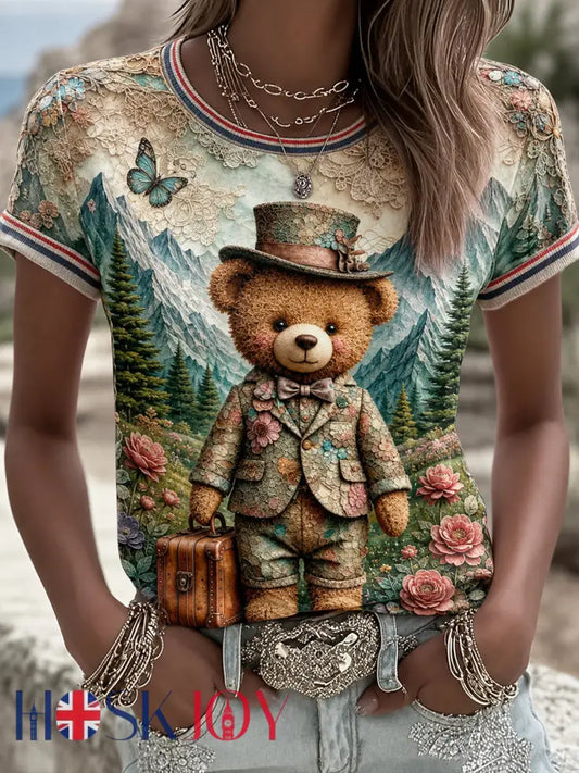 Women’s Paddington Bear Printed Vintage Fashion Loose Short Sleeve T-Shirt - Green / S
