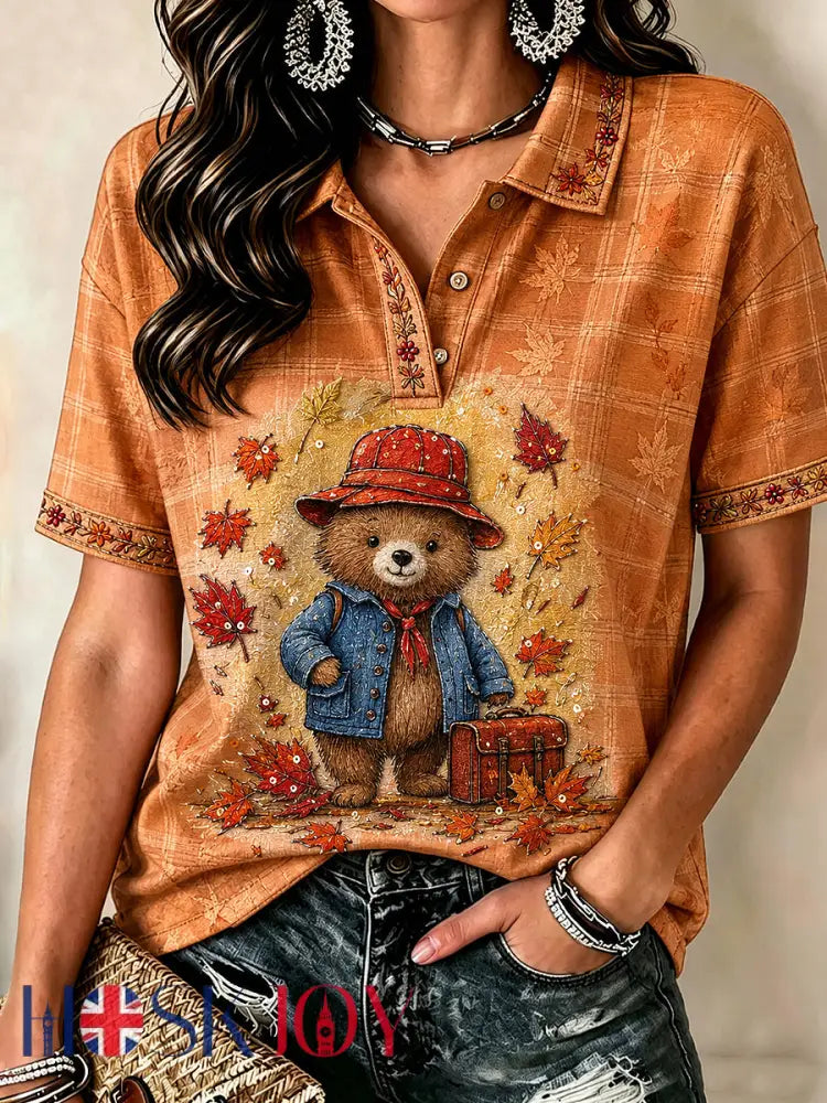 Women’s Paddington Bear Printed Vintage Fashion Loose Short Sleeve T-Shirt - Orange / S
