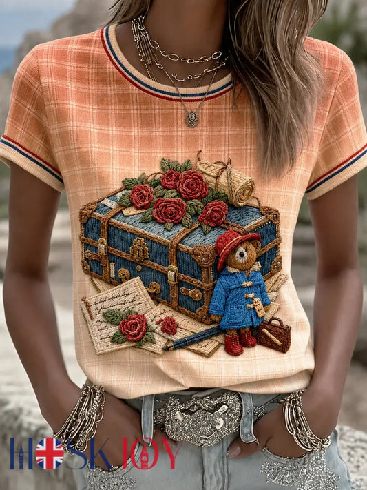 Women’s Paddington Bear Printed Vintage Fashion Loose Short Sleeve T-Shirt - Orange / S