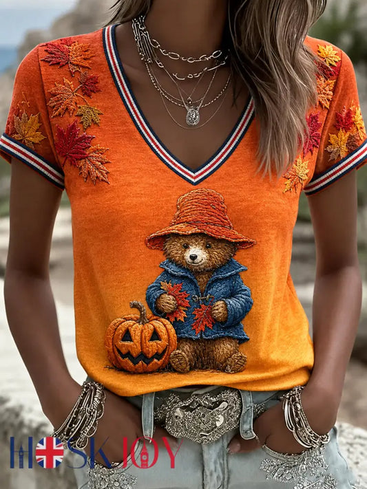 Women’s Paddington Bear Printed Vintage Fashion Loose Short Sleeve T-Shirt - Orange / S