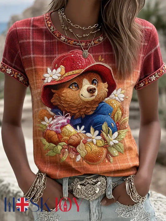 Women’s Paddington Bear Printed Vintage Fashion Loose Short Sleeve T-Shirt - Orange / S