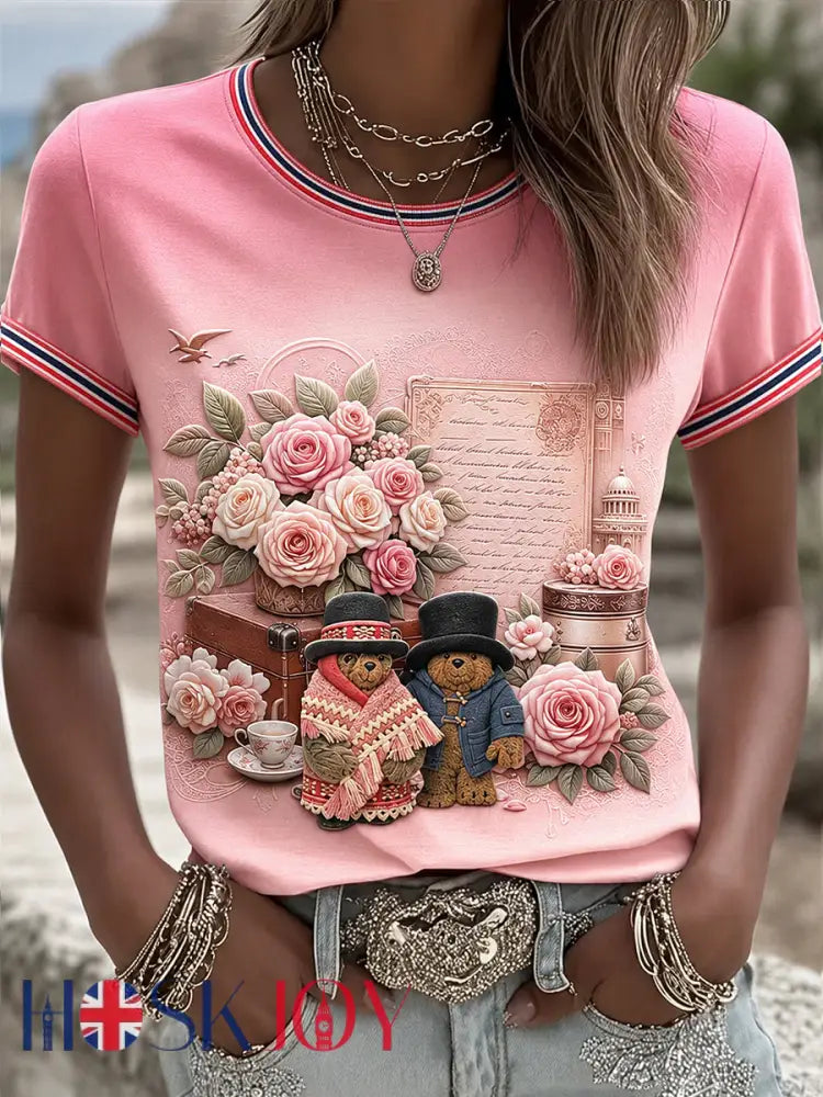Women’s Paddington Bear Printed Vintage Fashion Loose Short Sleeve T-Shirt - Pink / S