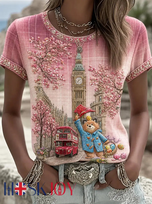 Women’s Paddington Bear Printed Vintage Fashion Loose Short Sleeve T-Shirt - Pink / S