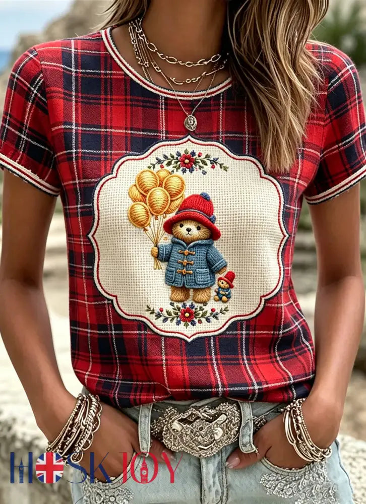 Women’s Paddington Bear Printed Vintage Fashion Loose Short Sleeve T-Shirt - Red / S