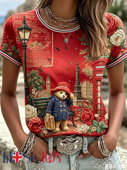 Women’s Paddington Bear Printed Vintage Fashion Loose Short Sleeve T-Shirt - Red / S