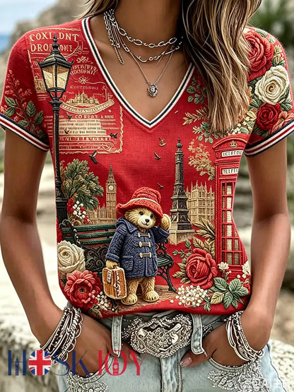 Women’s Paddington Bear Printed Vintage Fashion Loose Short Sleeve T-Shirt - Red / S