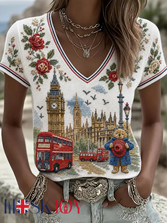 Women’s Paddington Bear Printed Vintage Fashion Loose Short Sleeve T-Shirt - White / S