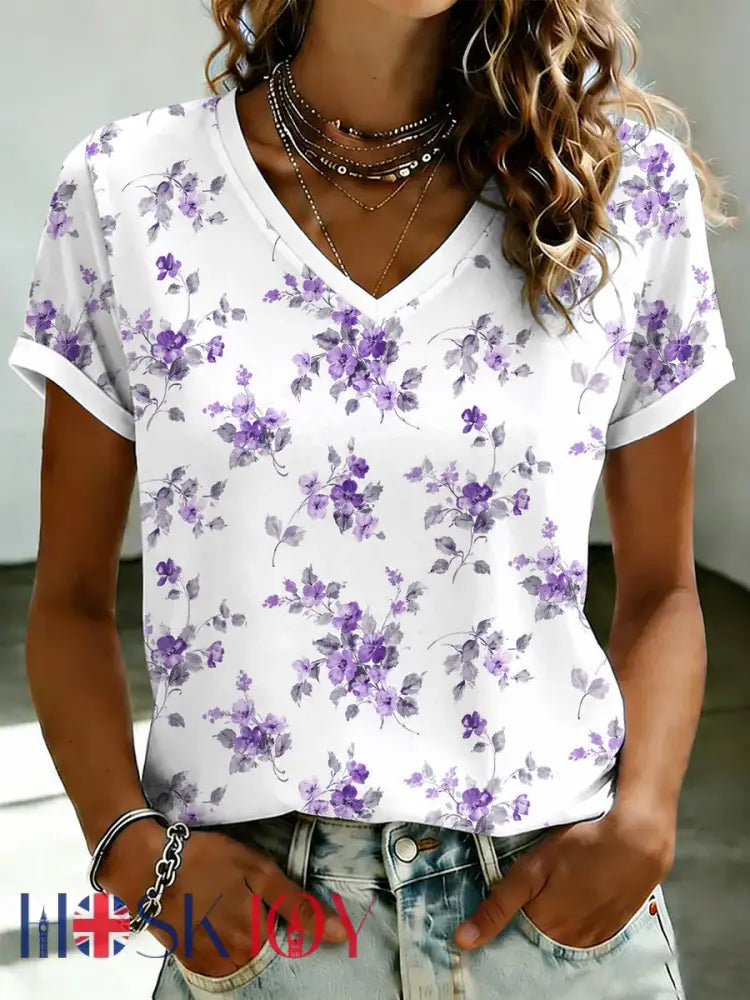 Women’s Purple Flora Art Printed V-neck T-shirt - As picture / S