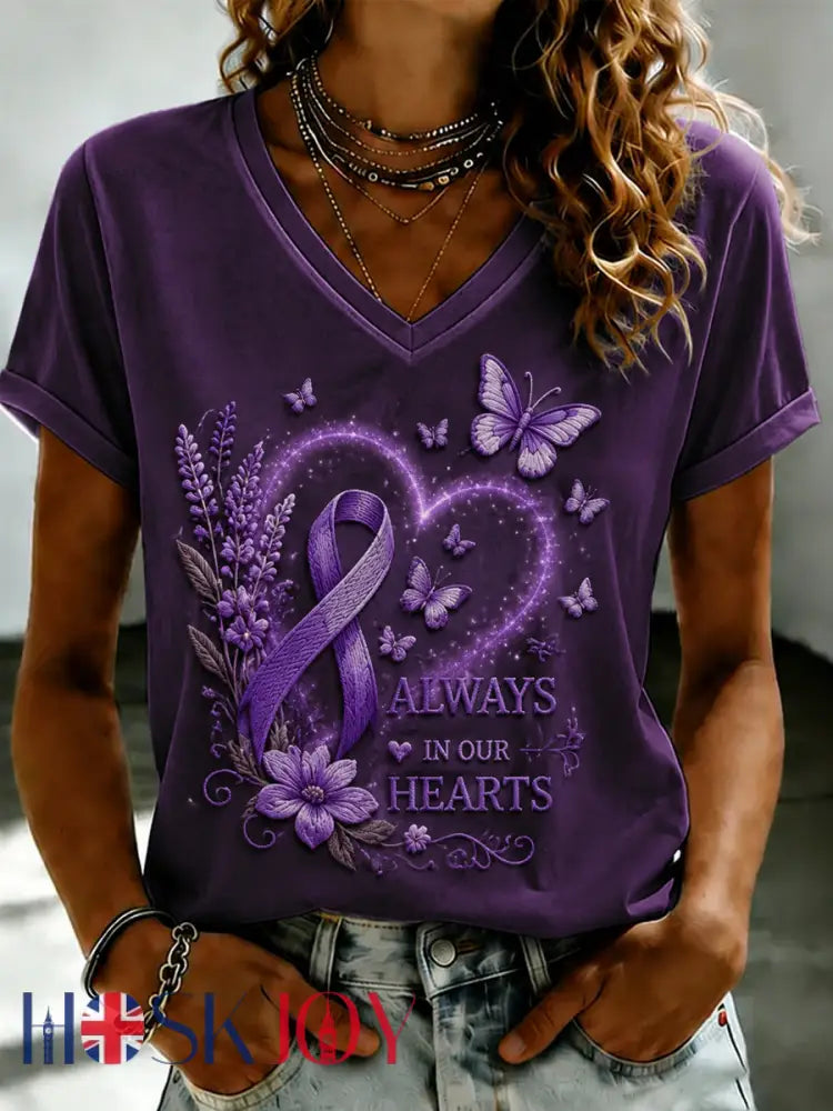 Women’s Purple Flora Art Printed V-neck T-shirt - As picture / S