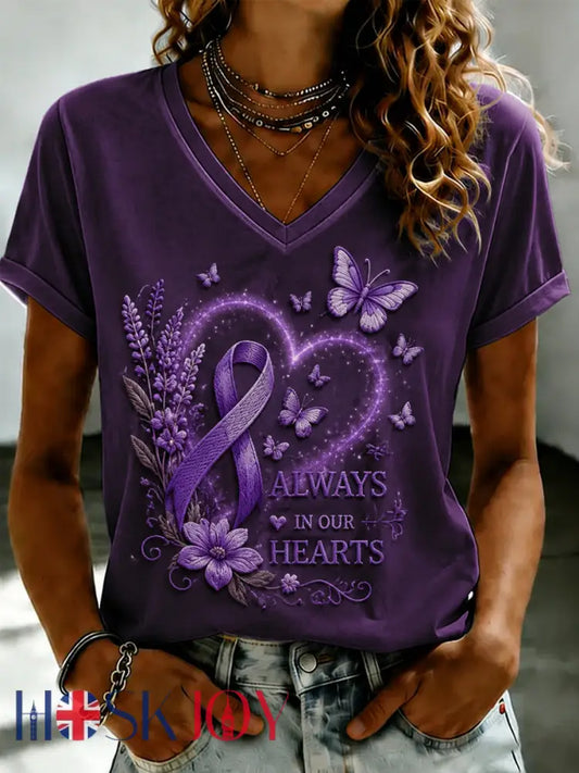 Women’s Purple Flora Art Printed V-neck T-shirt - As picture / S