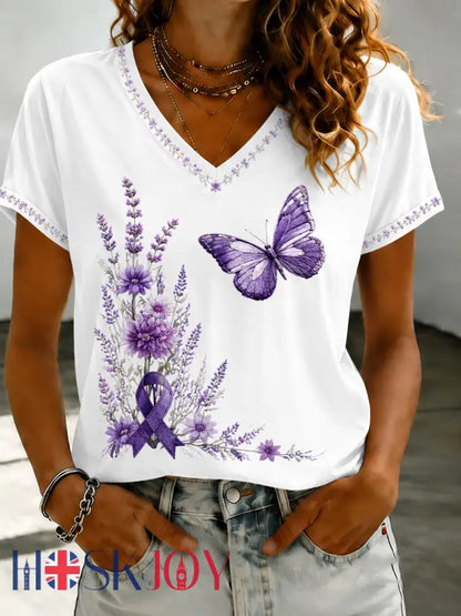 Women’s Purple Flora Art Printed V-neck T-shirt - White / S