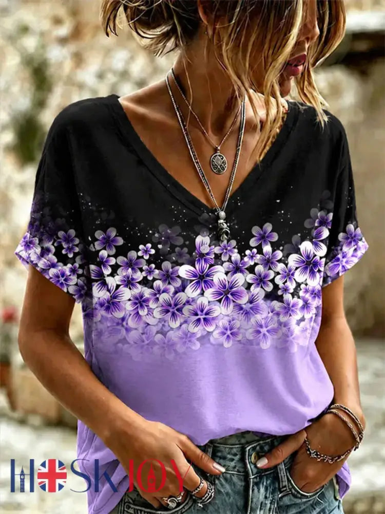 Women’s Purple Floral & Alzheimer’s Awareness Support Print V-Neck Tee - Purple / S