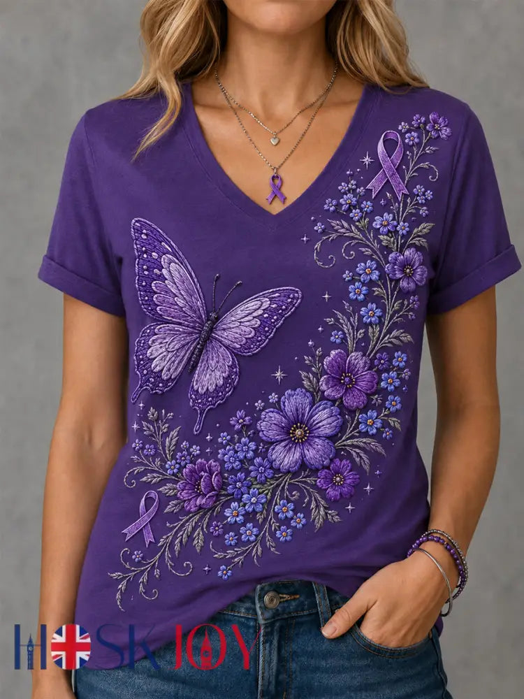 Women’s Purple Floral & Butterfly Print Alzheimer’s Awareness Support V-Neck Tee - Purple / S