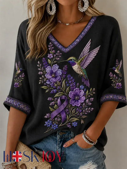 Women’s Purple Floral & Hummingbird Print Alzheimer’s Awareness Support Half-Sleeves V-Neck T-Shirt - Black / S